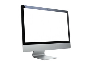 Modern, silver-colored all-in-one desktop computer with a blank, bright white screen