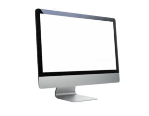Modern, silver-colored all-in-one desktop computer with a blank, bright white screen