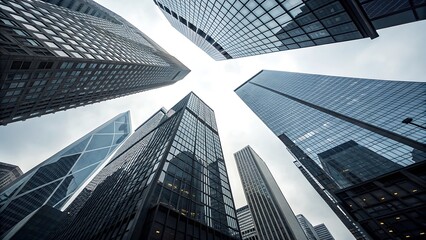 A dramatic wormseye view of hong kongs impressive skyscrapers reaching towards the sky, showcasing the citys dynamic and modern urban landscape with striking angles