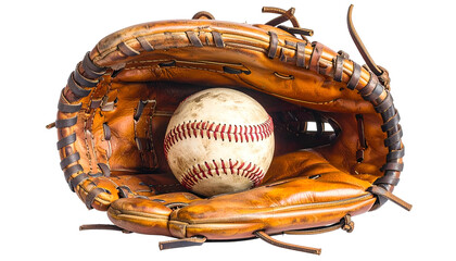 A worn leather baseball glove cradles a dirty, stitched baseball, isolated on black