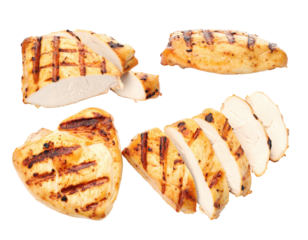 Grilled, sliced chicken breasts with grill marks and succulent, juicy texture