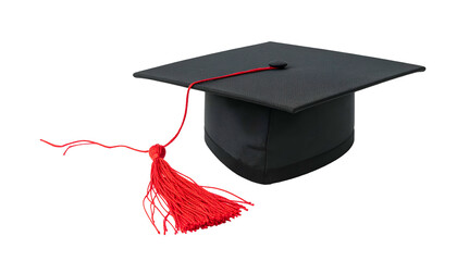 A black square graduation cap with a red tassel against a transparent background