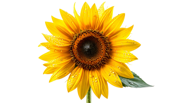 Close-up of a vibrant sunflower with water droplets against a black background