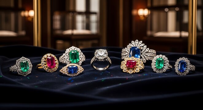 Dazzling Array of Luxury Gemstone Rings with Diamonds on Elegant Velvet Display
