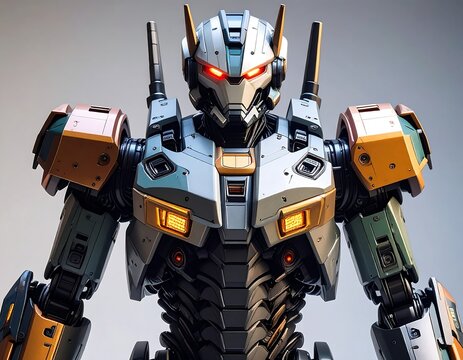 A complex, detailed humanoid robot with red eyes and orange accents against grey backdrop