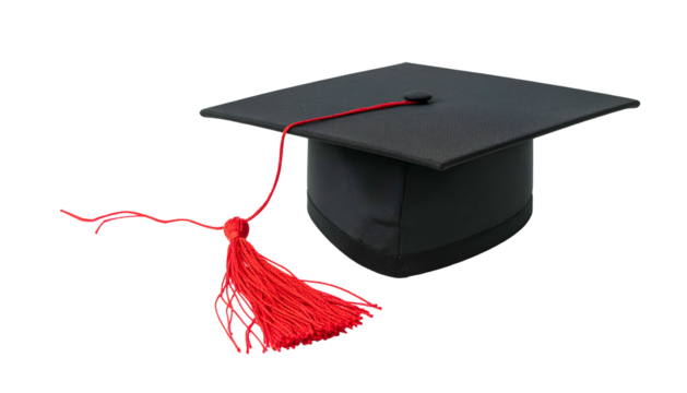 A black square graduation cap with a red tassel against a transparent background