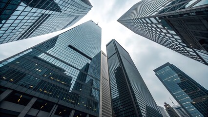 An upward gaze at hong kongs towering skyscrapers under a cloudy sky, emphasizing the citys architectural prowess and vibrant urban environment with a unique angle