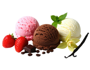 Three scoops of ice cream with toppings strawberries, chocolate, mint, and vanilla