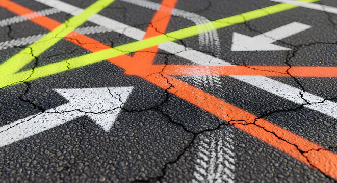 Cracked asphalt surface with colorful directional arrows and tire tracks. - Powered by Adobe