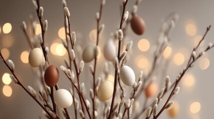 holidays and object concept  close up of pussy willow branches decorated by easter eggs over bokeh lights no logos no brands ar 169