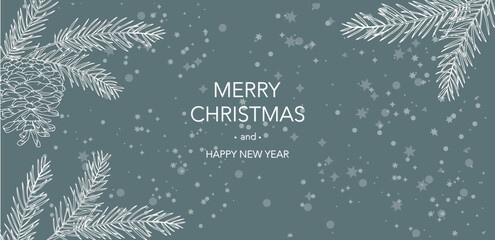 Christmas Card Design. Holiday Greetings Card. Merry Christmas and Happy New Year banner. Trendy vector illustration with Christmas decorations. Web design, social media banner, marketing, ads