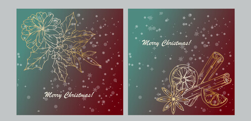 Christmas Card Design. Holiday Greetings Card. Merry Christmas and Happy New Year banner. Trendy vector illustration with Christmas decorations. Web design, social media banner, marketing, ads