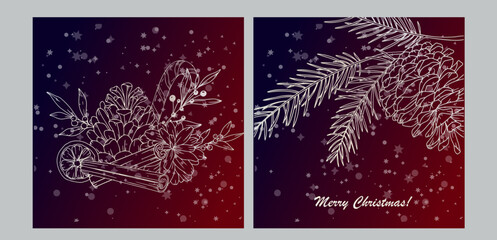 Christmas Card Design. Holiday Greetings Card. Merry Christmas and Happy New Year banner. Trendy vector illustration with Christmas decorations. Web design, social media banner, marketing, ads