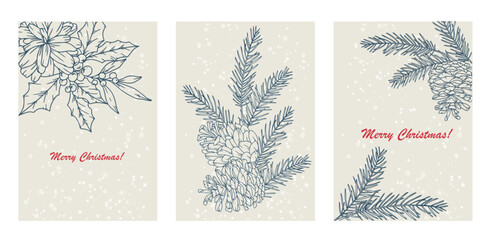 Christmas Card Design. Holiday Greetings Card. Merry Christmas and Happy New Year banner. Trendy vector illustration with Christmas decorations. Web design, social media banner, marketing, ads