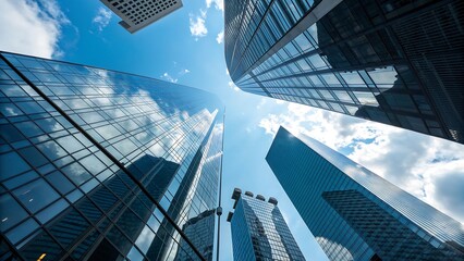 A low angle perspective of towering skyscrapers with glass facades reflecting the blue sky and clouds, capturing the essence of modern urban architecture