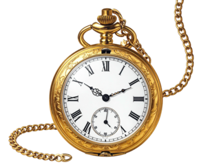 A gleaming gold pocket watch, open-faced, with Roman numerals and chain, isolated on black