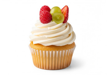 Delicate vanilla cupcake topped with creamy frosting and a vibrant medley of fresh raspberries, green grapes, and a single strawberry, perfect for any celebration or sweet indulgence
