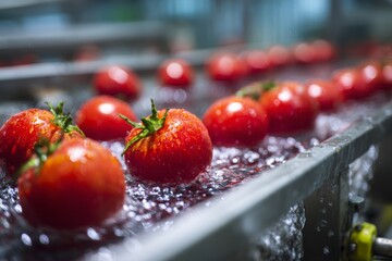 A close-up of fresh, vibrant red tomatoes being washed and processed in a modern food production facility, ensuring cleanliness and quality for consumers.