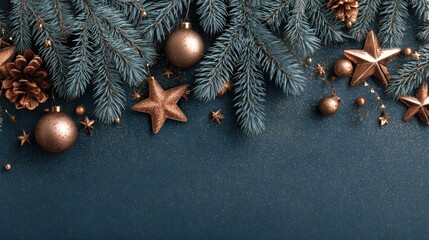 christmas border blue spruce rose gold stars and ornaments on navy blue background
