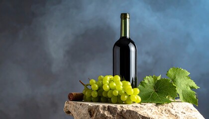 Fototapeta premium A glass bottle of dark wine stands gracefully on a smooth, stone-colored surface. To its left, a lush cluster of green grapes, fresh and plump, sits invitingly.