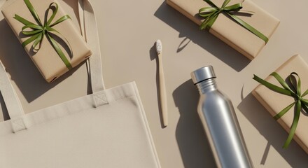 Eco friendly gift set with reusable tote, bamboo toothbrush, and stainless steel bottle for holiday giving