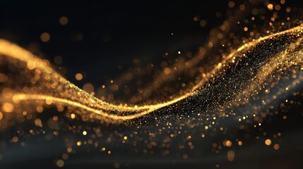 abstract dark background with golden sparkling light particles flowing gracefully