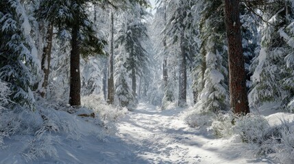 Obraz premium tranquil snowcovered forest path in winter wonderland