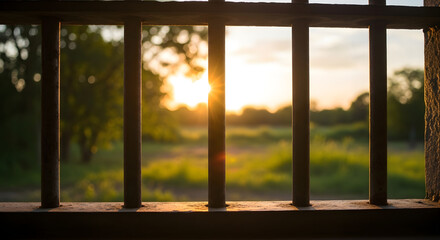 View of a vibrant sunset through a metal barred window, illuminating the landscape.