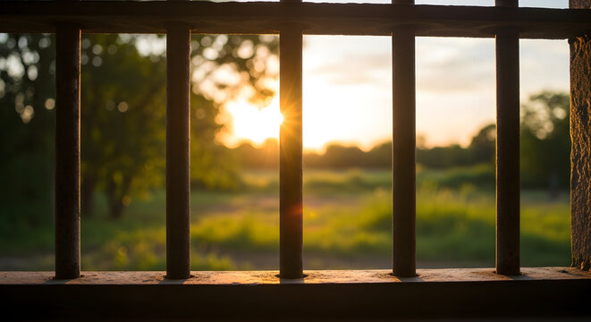 Fototapeta View of a vibrant sunset through a metal barred window, illuminating the landscape.