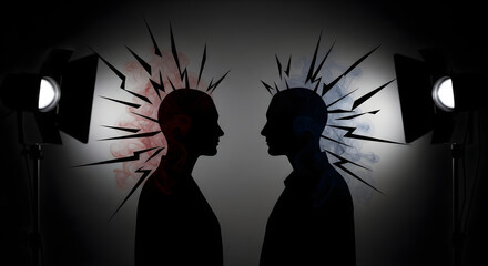 Symbolic representation of conflicting ideas and opposing viewpoints between two individuals, visualized through abstract energy bursts