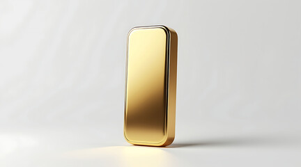 Single gold bar standing upright on smooth white surface with minimalist and luxurious appearance, shining brightly