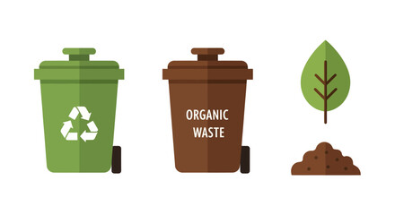 Green and Brown Recycling Bins with Organic Waste and Leaf.