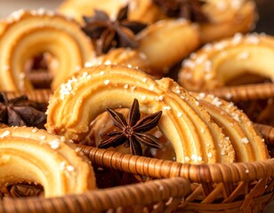 A close-up of swirl cookies topped with star anise and sugar in a small wicker basket