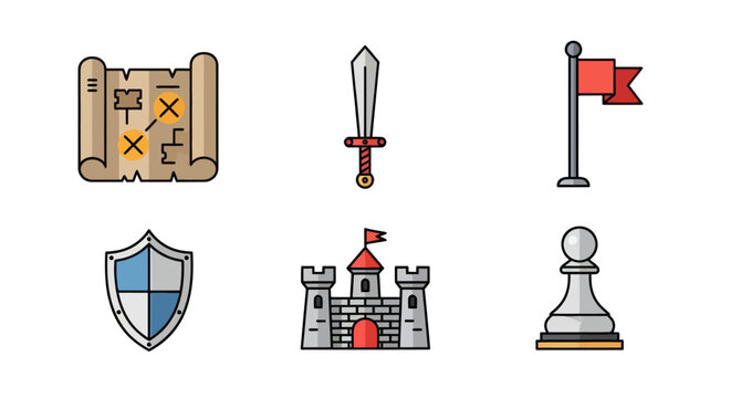 Medieval Fantasy Icons: Treasure Map Sword Flag Shield Castle Chess Piece.