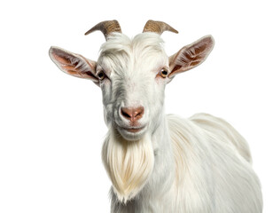 Fototapeta premium A close-up portrait of a white goat with horns, beard, and focused expression