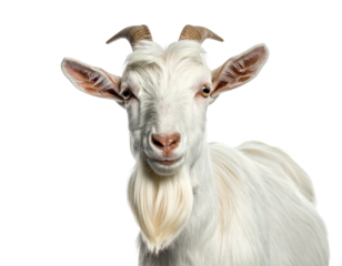 A close-up portrait of a white goat with horns, beard, and focused expression