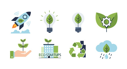 Eco-Friendly Startup Icons: Rocket Lightbulb Hand Building Recycle Cloud with Leaf.
