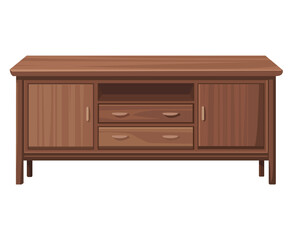 Illustration wooden sideboard with cabinets and drawers, ideal for living spaces.