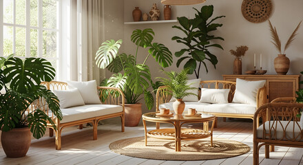 A bright and airy living room filled with lush green houseplants and natural rattan furniture, creating a bohemian and serene atmosphere.