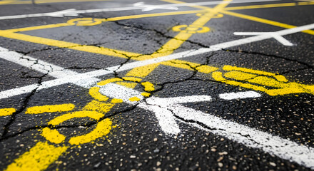 Close-up view of cracked asphalt road with yellow and white directional arrows and markings.