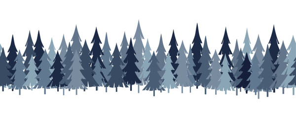 Seamless winter forest border with abstract pine and fir trees in blue, navy, and gray tones. Repeated woodland landscape.