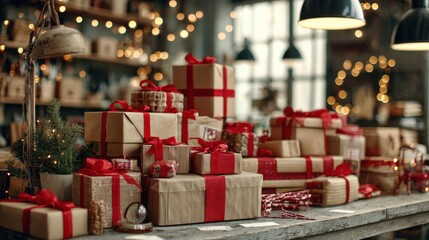 decorated merry christmas table with gifts boxes in warehouse interior background many presents wrapped with red ribbons and letters on desk in storage xmas postal shipping delivery concept no logos 