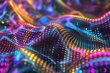 Abstract colorful wavy surface covered with glowing dots forming a futuristic digital landscape