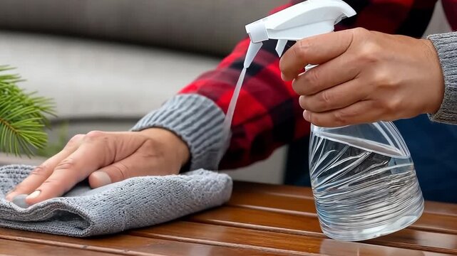 Cleaning a wooden table using a spray and cloth in a cozy outdoor setting during daytime