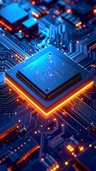 Obraz premium A detailed close-up of a blue and orange microchip on a circuit board, abstract design