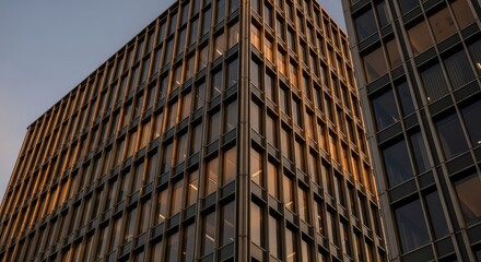 Low angle view of two modern office buildings with many windows and a clear sky background outside
