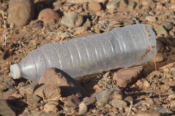 A close-up of a plastic bottle lying on ground, environmental issue