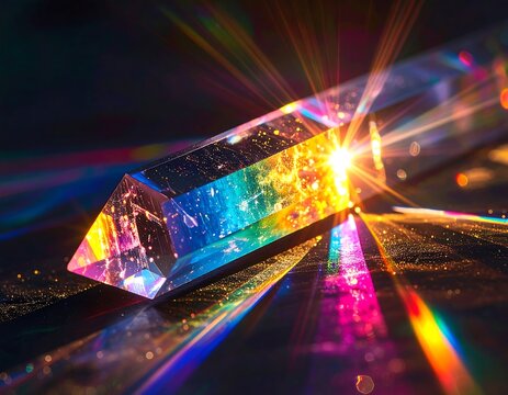 A crystal prism refracting light, casting colorful rays across a dark, glossy surface