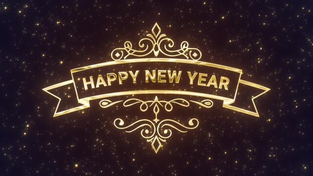 Luxury shining Happy New Year ribbon framed by classic golden designs and sparkling stars creates sophisticated celebratory mood for winter holiday visuals