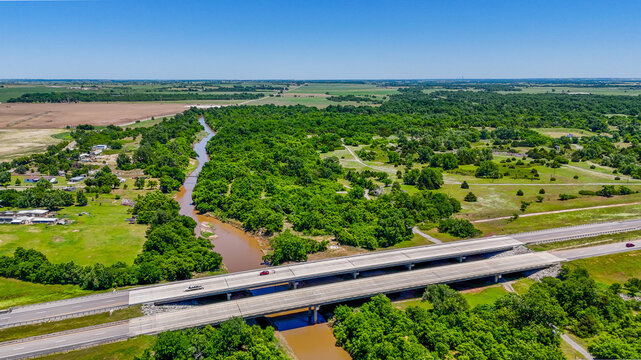 Aerial landscape of sunny summer day on Route 66 old small town El Reno Oklahoma OK Southwest